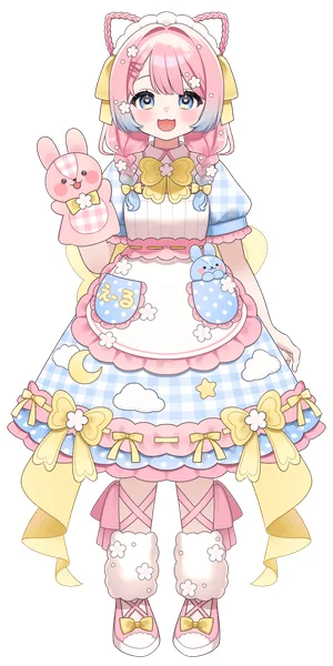 ピンクと水色のパステルカラーを基調とした、可愛らしいアニメキャラクターの全身イラスト