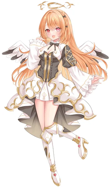 金髪と赤い目のアニメ風の天使の少女が描かれています