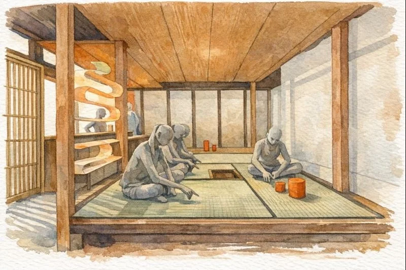 水彩画の和室、座る人物