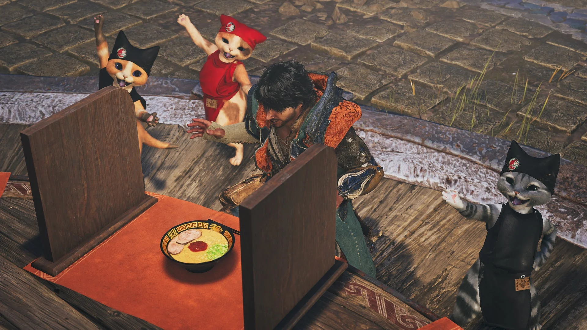 大集会所でラーメンを食べるアイルーたち