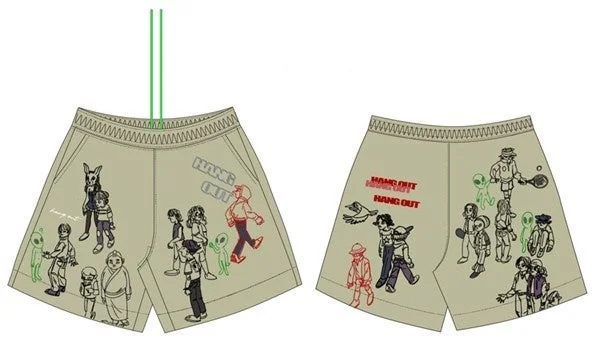 様々なキャラクターやエイリアンが描かれた、総柄のショートパンツのデザイン画