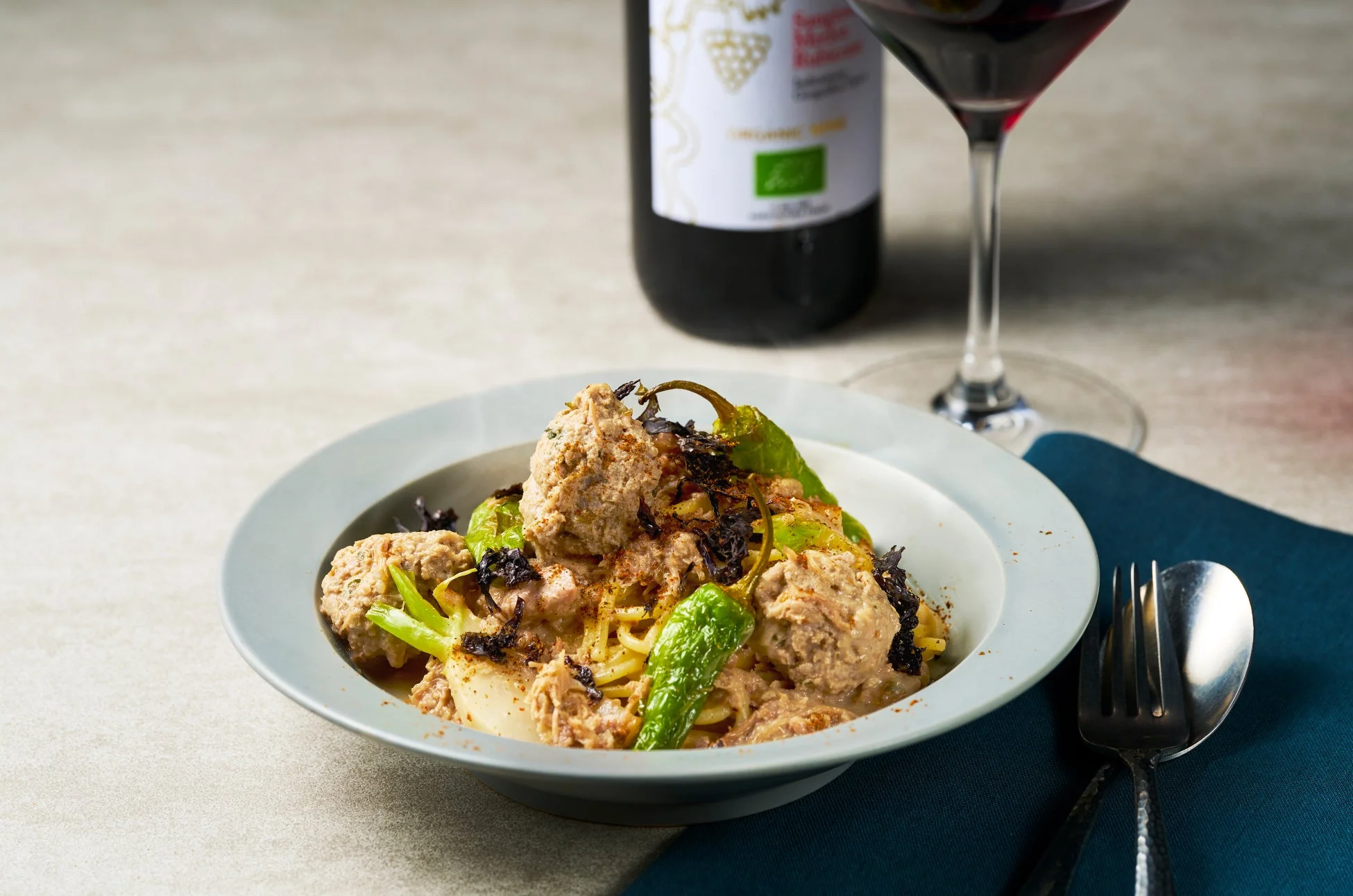 京鴨と菊芋のパスタ 黒七味添え