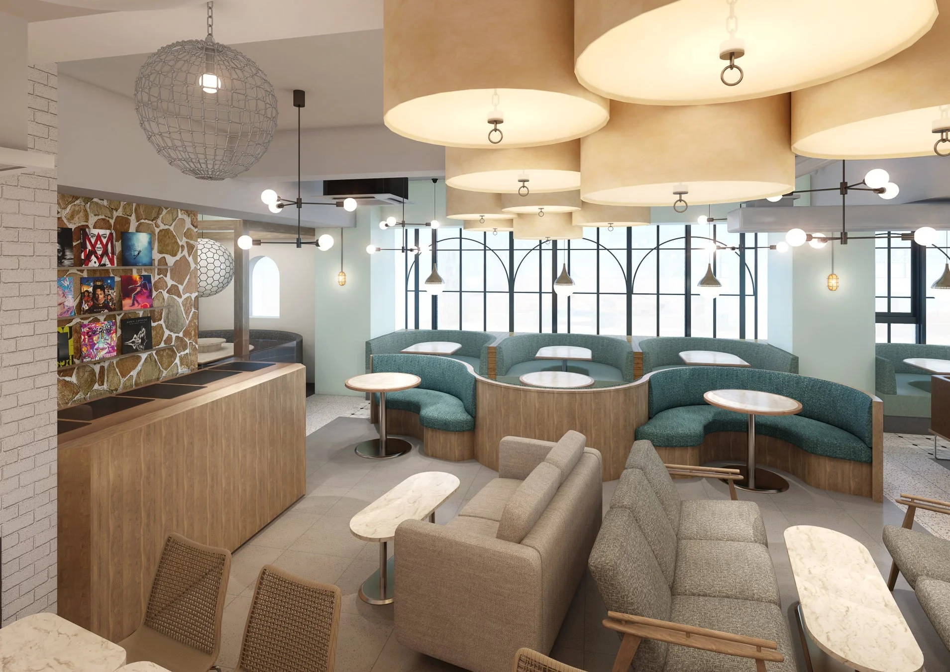モダンでスタイリッシュなカフェまたはラウンジの内部。多様な座席、ユニークな照明、アルバムジャケットで飾られた壁が特徴で、居心地の良い雰囲気が漂っています。