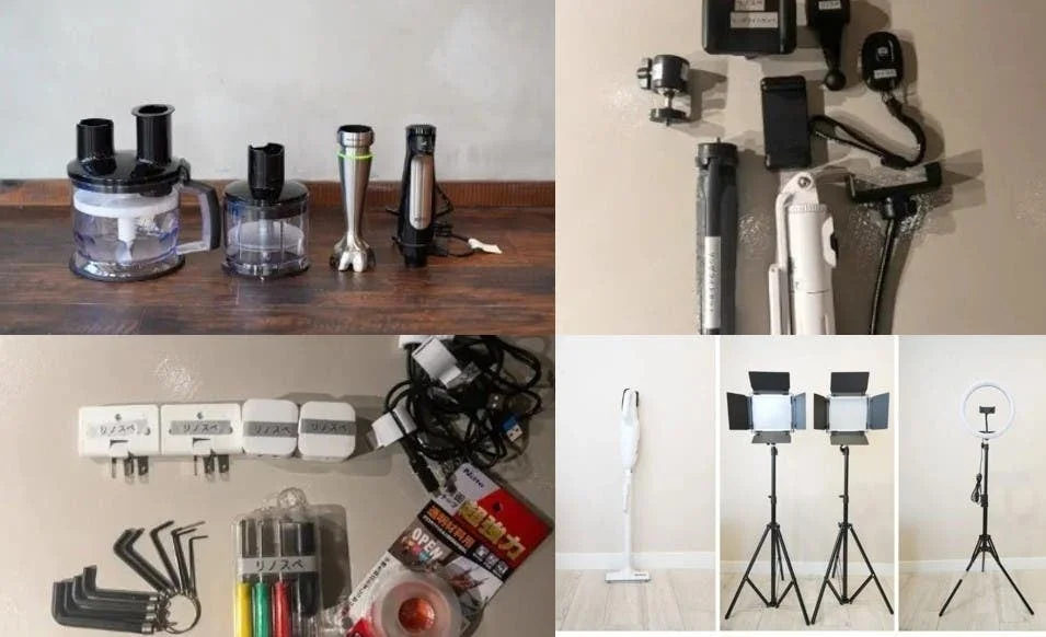 ブレンダーなどのキッチン家電、マイクや三脚などの撮影機材、六角レンチなどの工具、そしてコードレス掃除機やLEDライト、リングライトといった様々な日用品やガジェット