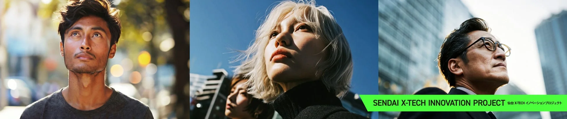 多様な人々が空や都市を見上げる3連の画像とプロジェクト名