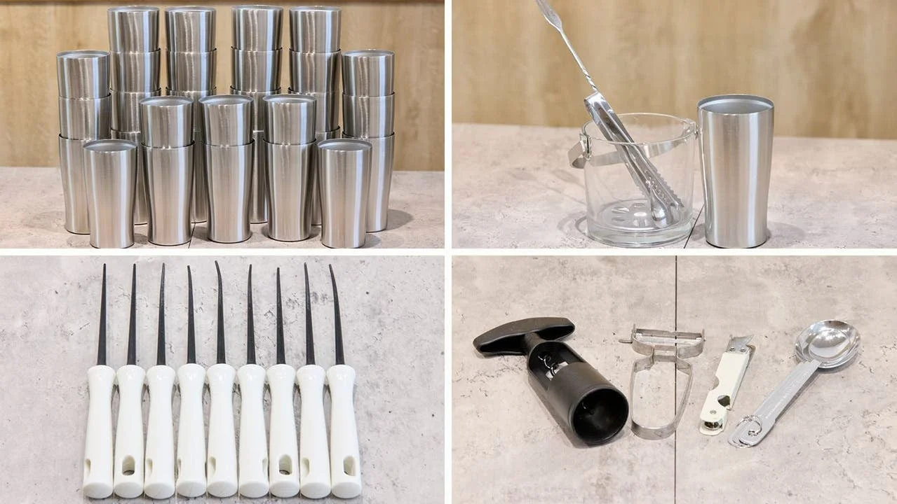 ステンレス製のタンブラーやアイスペール、専門的なカービングツール、ワインオープナー、ピーラー、缶切り、スプーンなど、様々なキッチン用品やバー用品