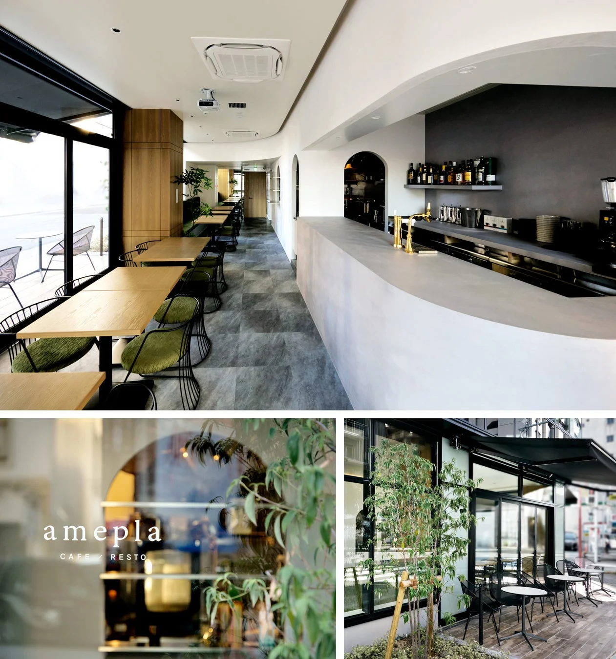 モダンで洗練されたデザインのカフェレストランの内観と外観