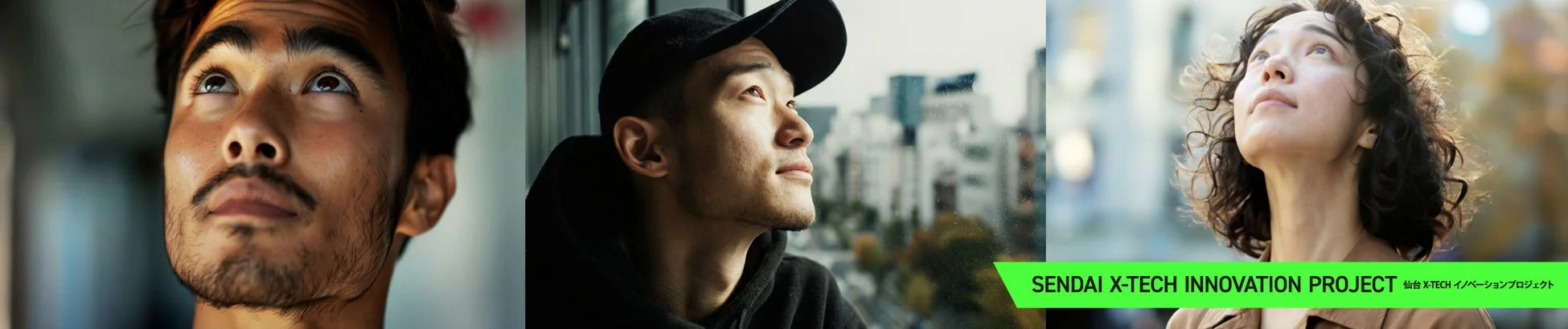 3人の男女が上や遠くを見つめるイメージとプロジェクト名