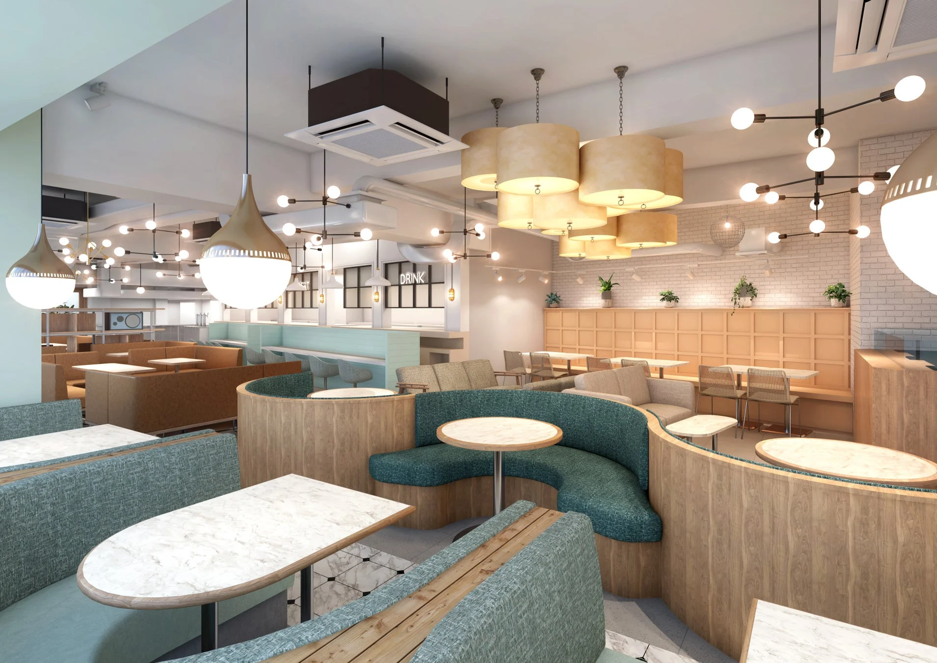 モダンでスタイリッシュなレストランやカフェの内部。多様な座席配置、温かみのある照明、木目調のアクセントが特徴の、明るく快適な空間です。