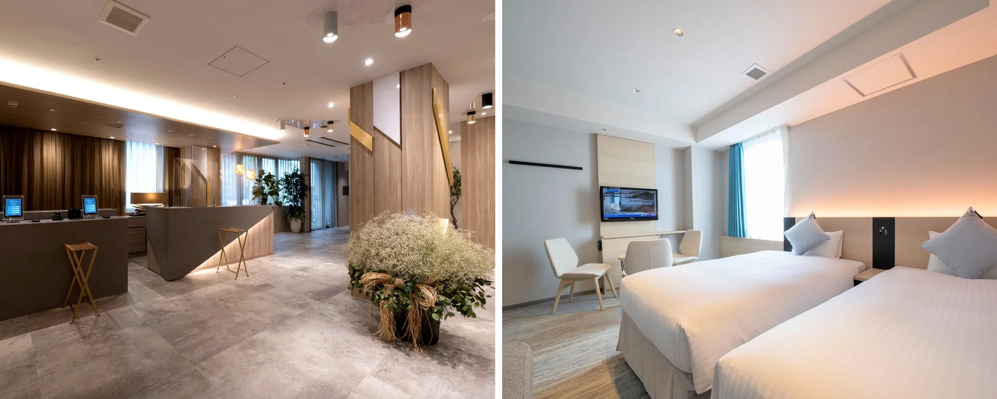 モダンなホテルのロビーとツインベッドの客室を写した画像です。