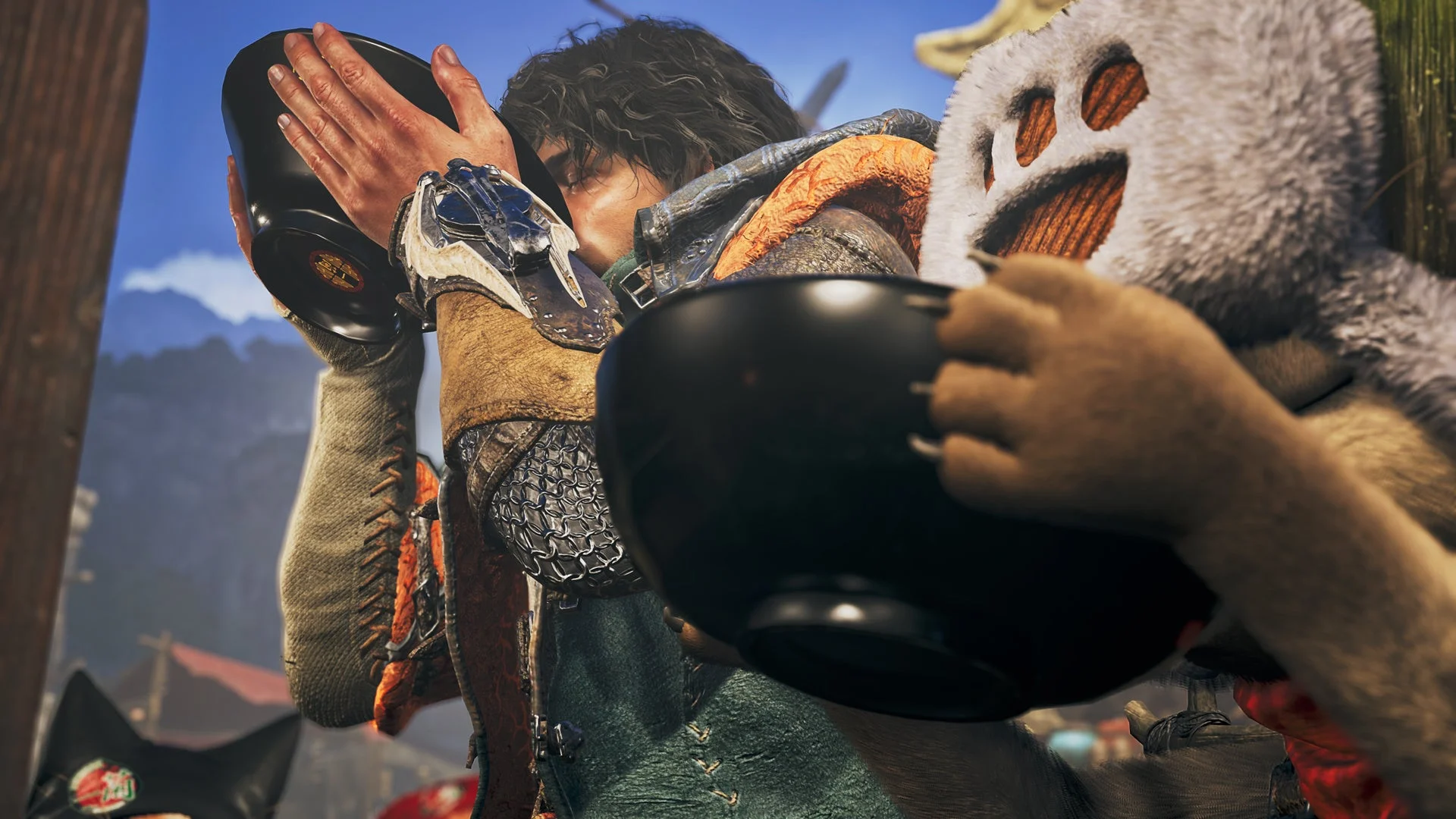 食事をするハンターと仲間