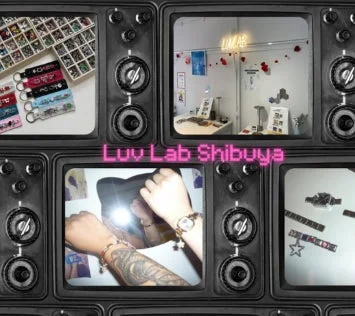 複数のテレビ画面を組み合わせたコラージュ画像で、Luv Lab Shibuyaという店舗とその商品を紹介しています。ブレスレットやキーホルダーなどのアクセサリー、店内の様子、商品を身につけた人の手元が映し出されています。