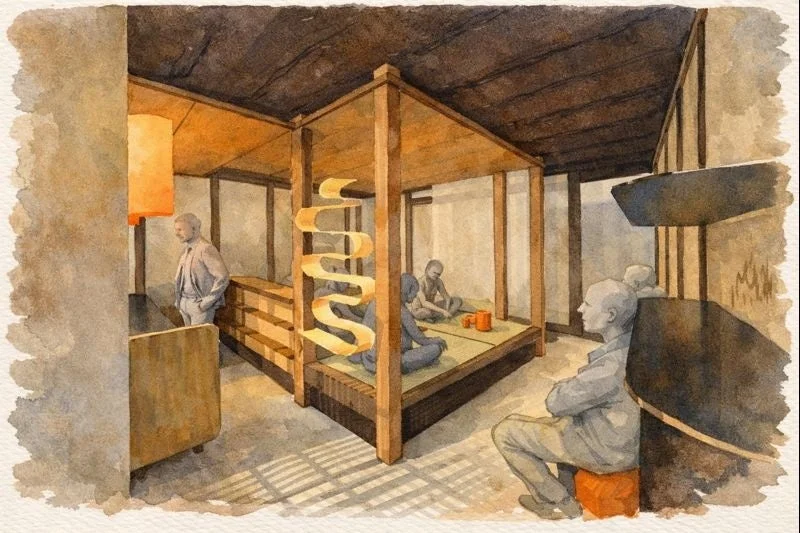 水彩画の和風室内、人物、提灯