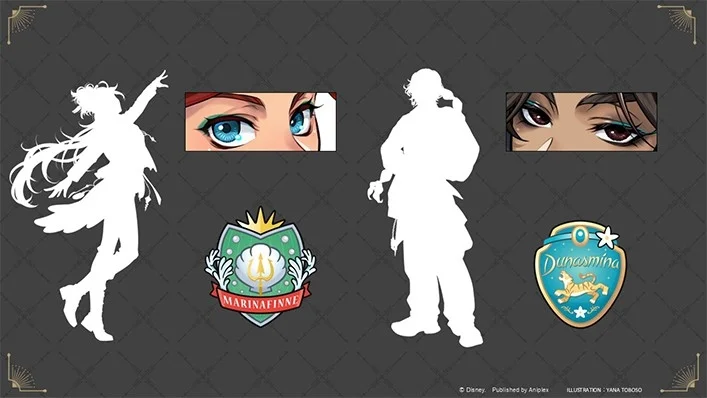 2人の男性キャラクターのシルエットとそれぞれの寮章