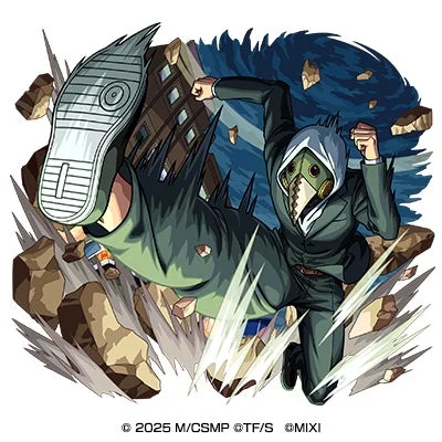 ペストマスクとスーツを着用したキャラクターが、瓦礫が飛び散る中で強力なキックを放つダイナミックなイラスト