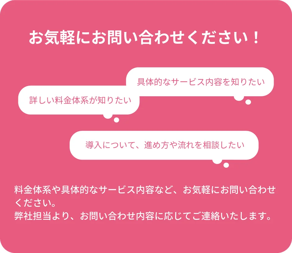 サービス内容、料金体系、導入方法に関する問い合わせを促す画像