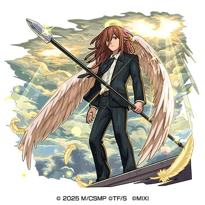 長い茶髪の男性がスーツを着て、大きな白い翼と光る槍を持っています