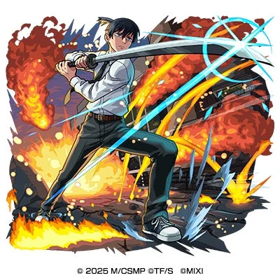 人気アニメ「チェンソーマン」の早川アキが刀を構え、炎と爆発が渦巻く激しい戦闘シーンを描いたイラスト