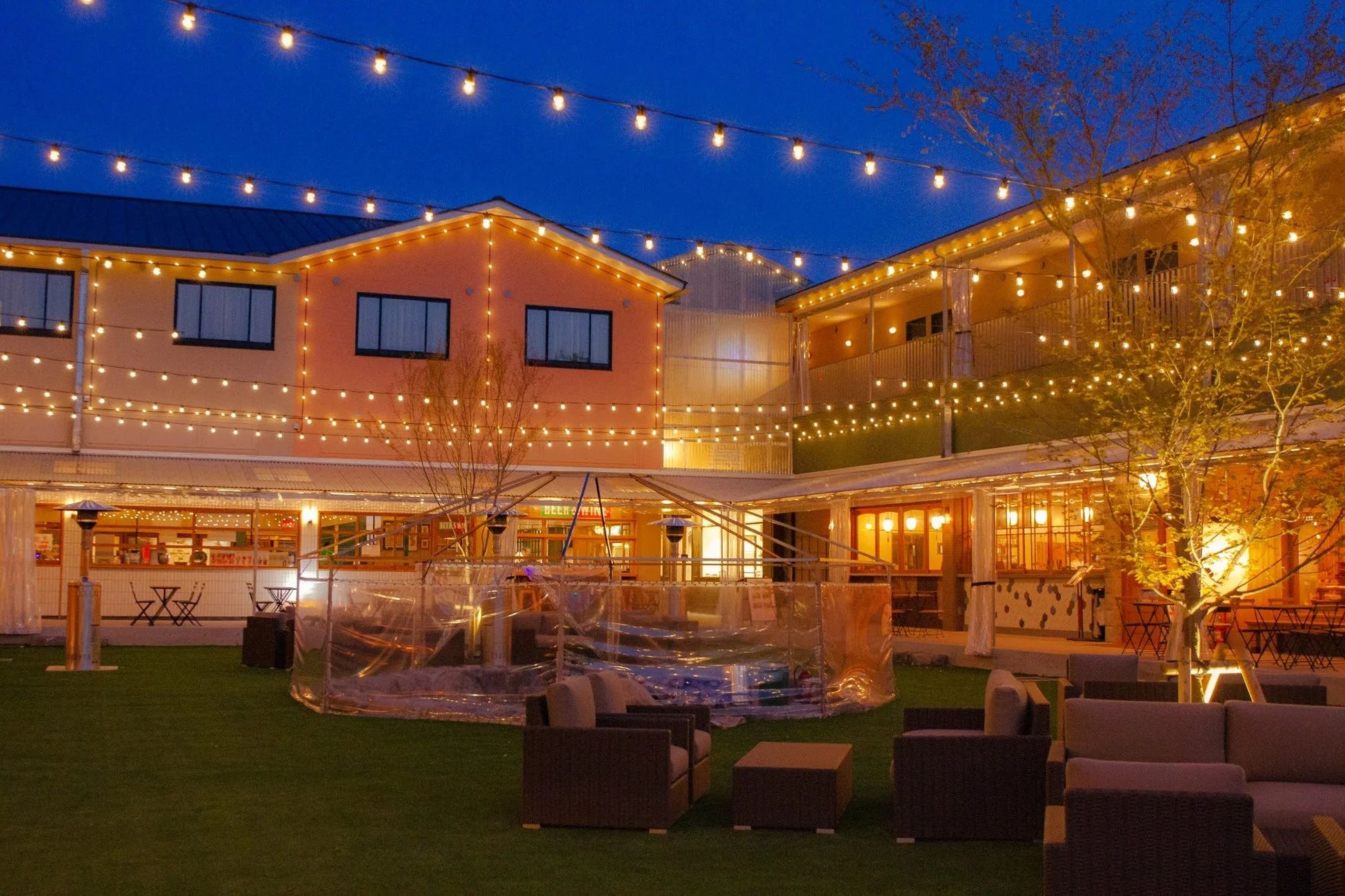 夜空の下、無数の電飾で彩られた中庭の風景です。