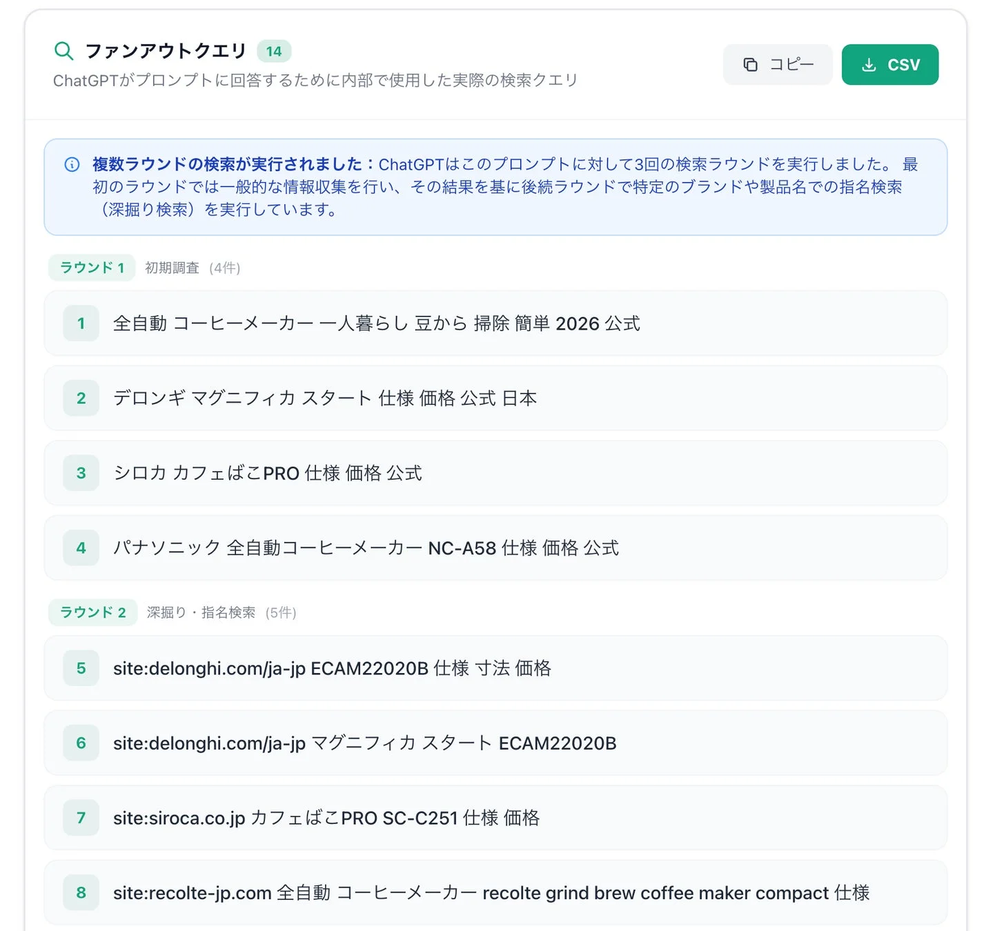 ChatGPTの検索クエリ ラウンド1と2