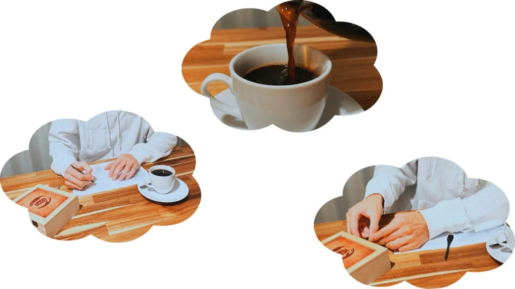 コーヒー片手に謎を解く様子