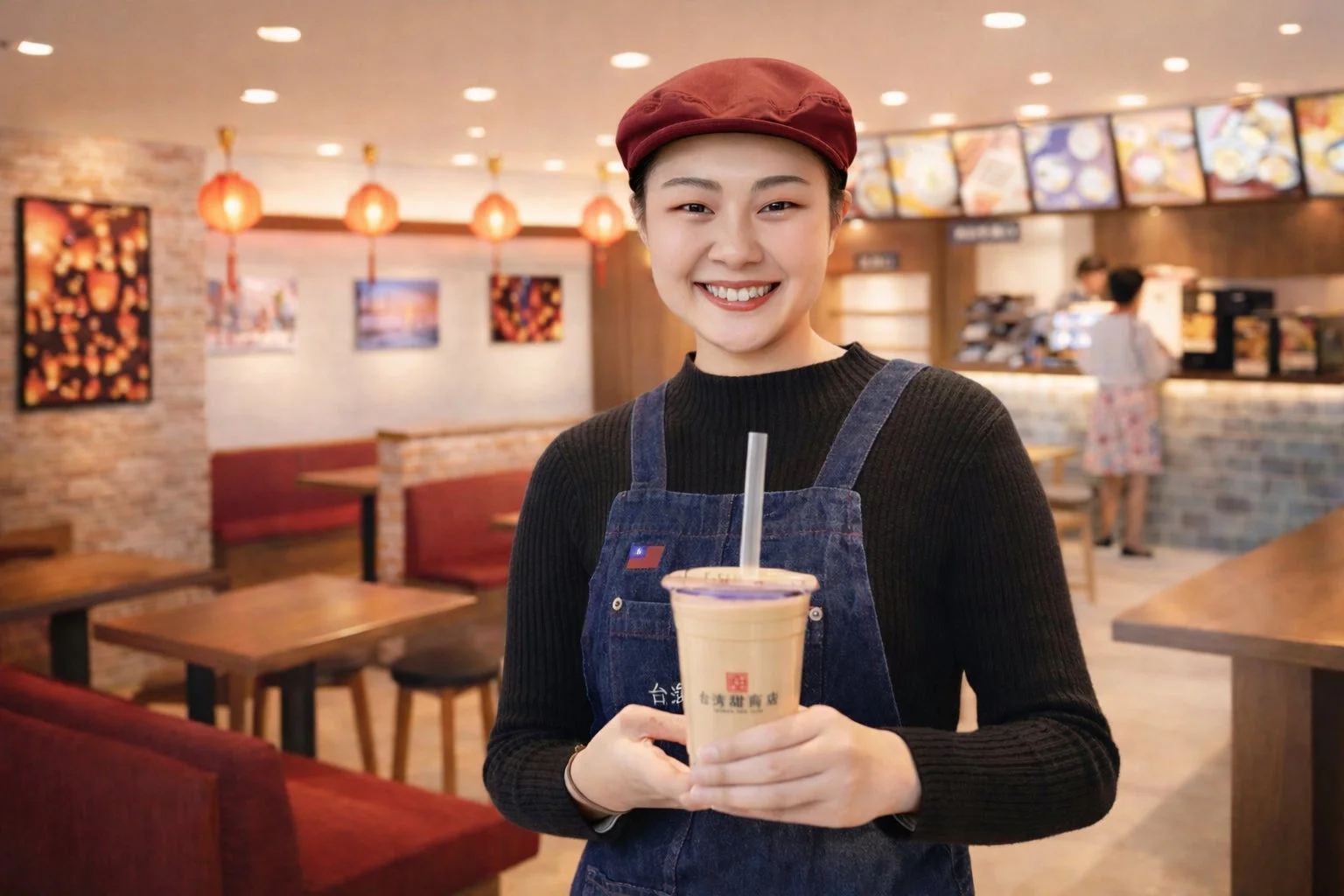 カジュアルな雰囲気の台湾料理店で、笑顔の女性店員がタピオカミルクティーを両手に持って立っています。