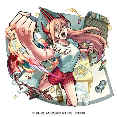 アニメ『チェンソーマン』のパワーが、散らかった部屋でコーラを豪快にこぼしながら、エネルギッシュなポーズを取っているイラスト