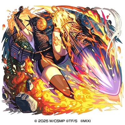 炎と爆発に包まれた都市を背景に、サイバーパンク風の装備を身につけた女性キャラクターが強力なロケットのような攻撃を放つ、ダイナミックなアクションシーンのイラスト