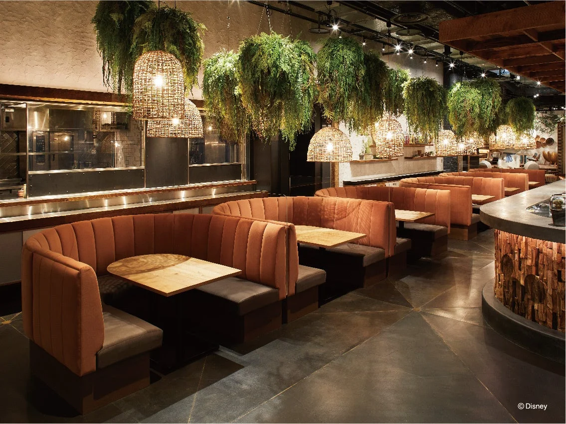 居心地の良いブース席と、天井から吊るされた緑豊かな植物が特徴のレストランの内装です。温かみのある照明が空間を演出し、モダンでリラックスできる雰囲気が漂っています。