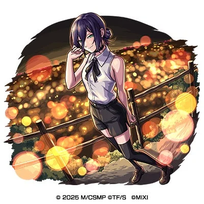 夜の美しいイルミネーションを背景に、ショートヘアの女性キャラクターが微笑みながら立つイラスト