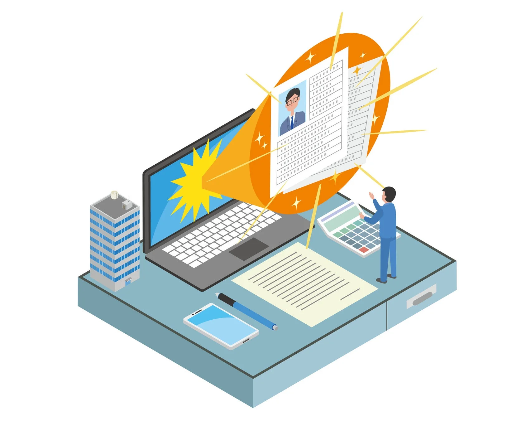 パソコンの画面から光り輝く履歴書が飛び出し、小さな人物が電卓を操作しながらそれを見上げている様子を描いたイラスト。オンラインでの就職活動や採用選考、キャリアアップのイメージを表現しています。