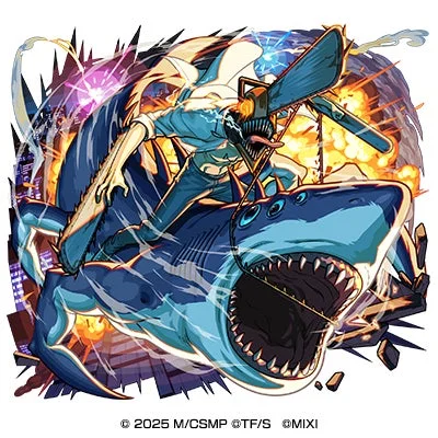 チェンソーマンの主人公デンジが、口を開けた巨大なサメのようなクリーチャーの背に乗っているダイナミックなイラスト