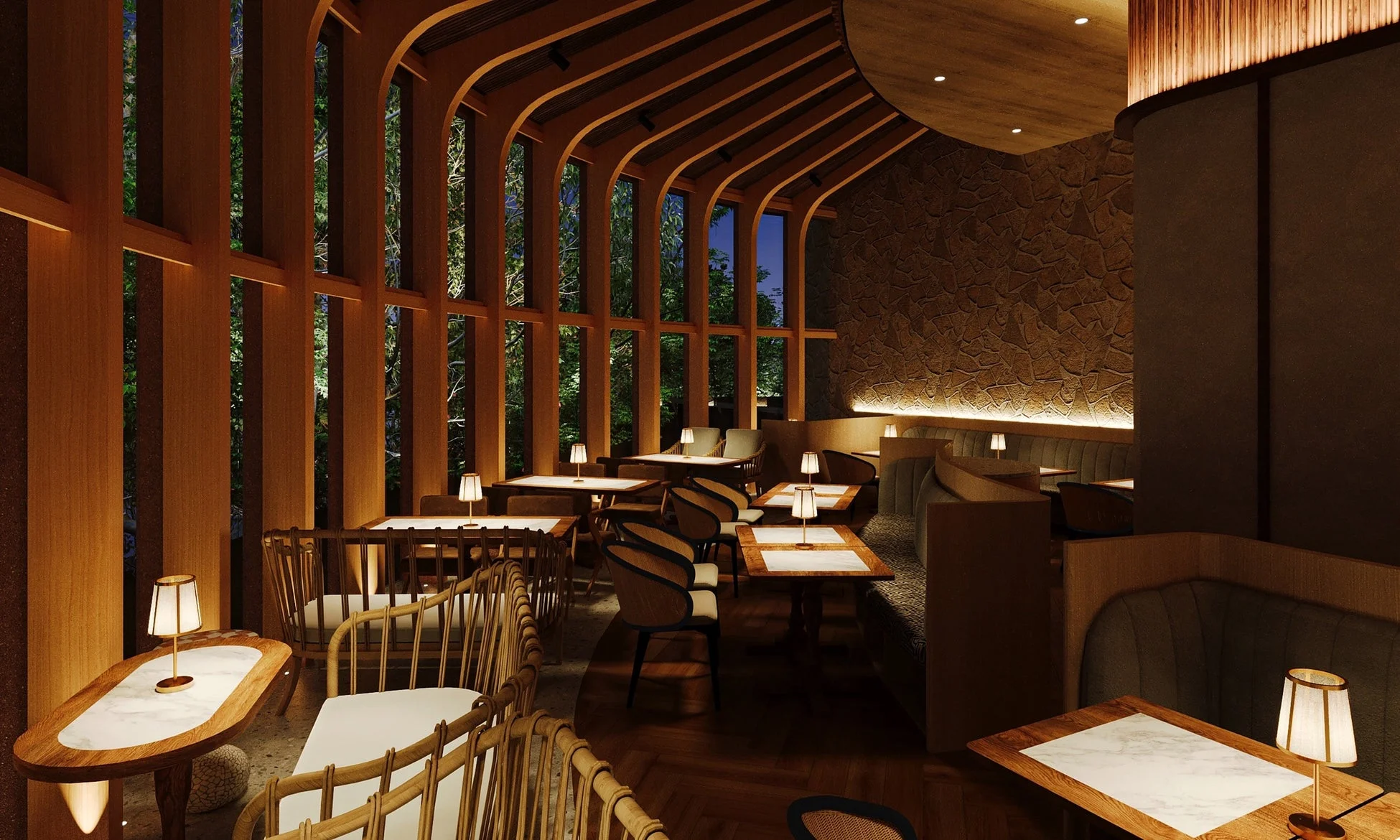 モダンなレストランの夜の風景