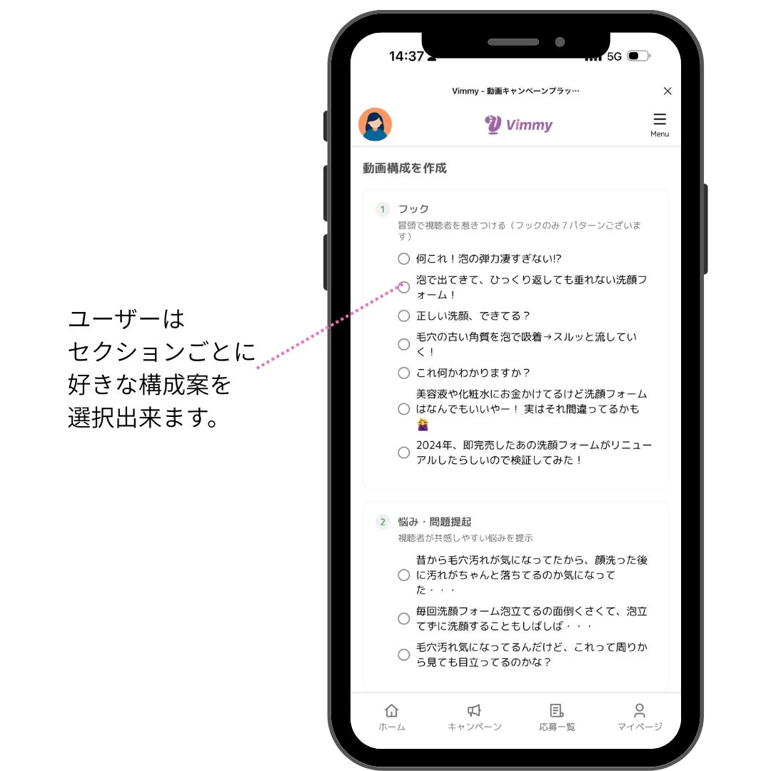 スマートフォンアプリの画面で、動画コンテンツの構成案を作成する機能が示されています。ユーザーは各セクションで複数の選択肢から動画のフックや悩み・問題提起を選べ、洗顔フォームに関する具体的な例が提示されており、キャンペーンの企画をサポートするUIです。