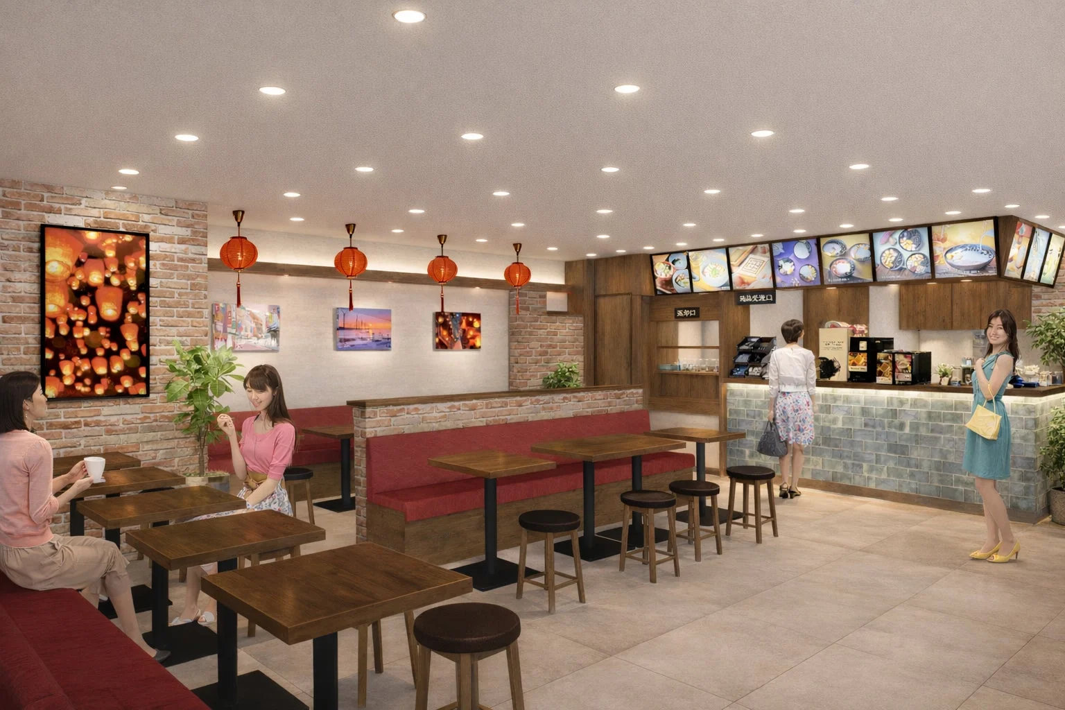 モダンな内装のレストランまたはカフェの店内で、数人の女性が食事をしたり、注文や商品受け取りのためにカウンターに立ったりしています。