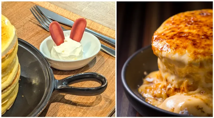 ウサギの耳のような飾り付きホイップクリームが添えられたスフレパンケーキ