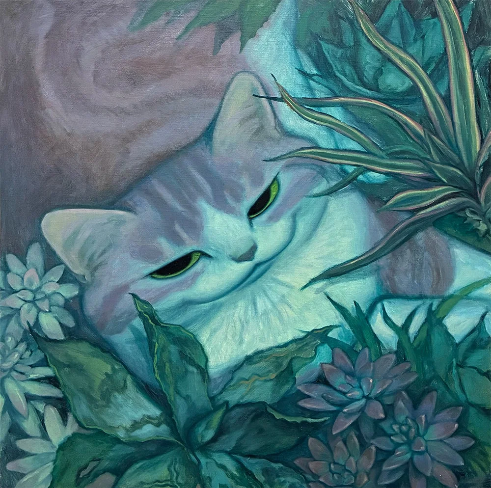 緑豊かな植物の中に潜む猫の絵画