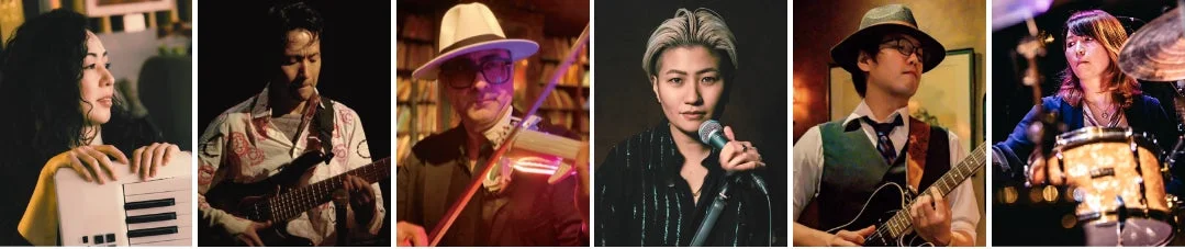 様々な楽器を演奏する6人のミュージシャンが並べられたコラージュ画像です。