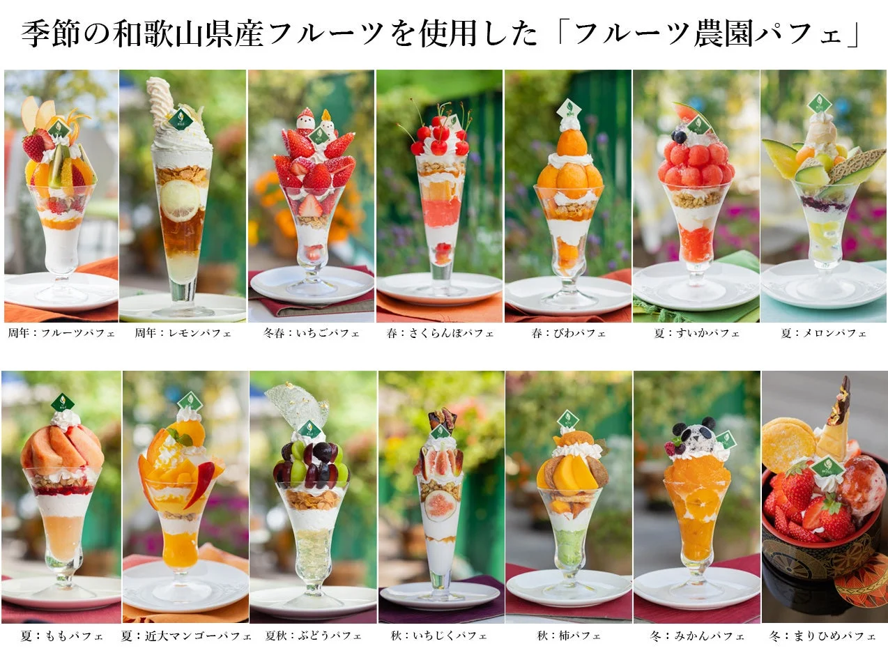 季節の和歌山県産フルーツを使用したフルーツ農園パフェのラインナップ