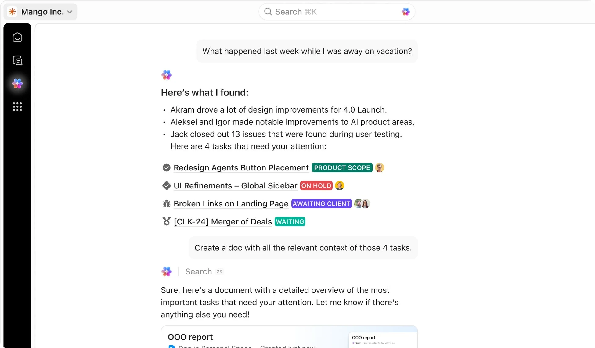 ClickUp AIによる進捗報告チャット
