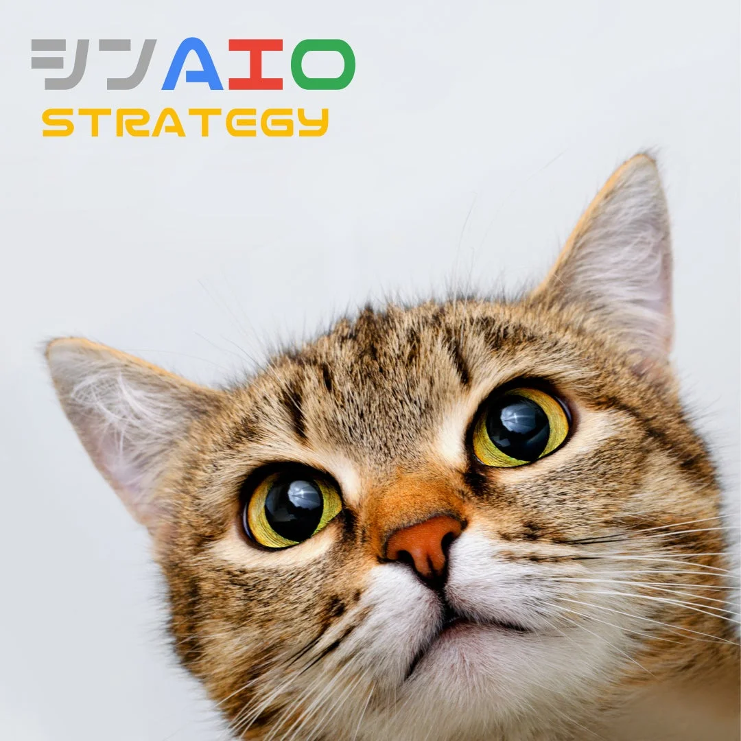 上部に「シンAIO STRATEGY」というロゴがあり、その下に好奇心旺盛な表情でこちらを見上げる猫の顔が写っている画像です。