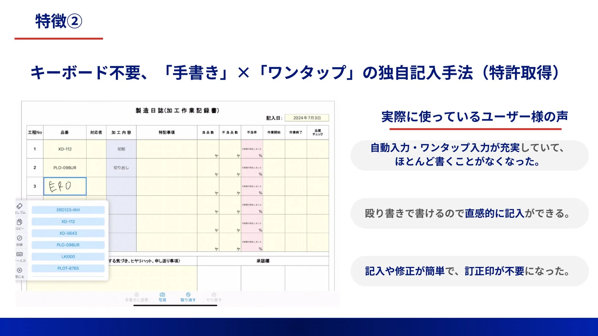 キーボード不要、「手書き」 × 「ワンタップ」の独自記入手法