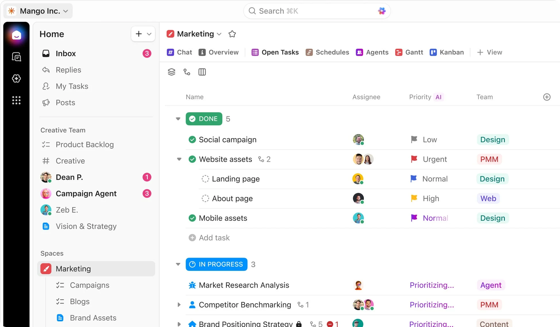 ClickUpマーケティングチームダッシュボード