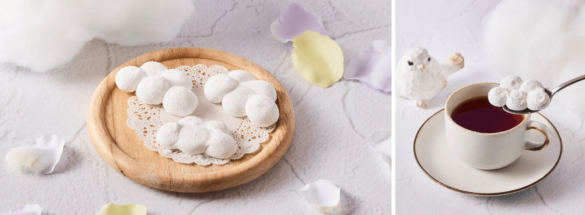 白い雲形のスイーツが並ぶ木皿と、紅茶のカップに添えられたスプーンに乗ったスイーツの画像。パステルカラーの花びらや鳥の置物が、優しく可愛らしい雰囲気を演出しています。