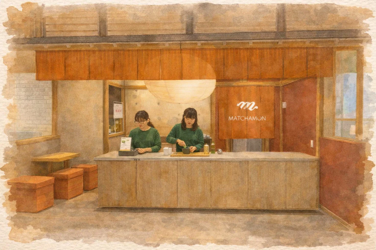 カフェ店内、女性スタッフ、抹茶を点てる様子