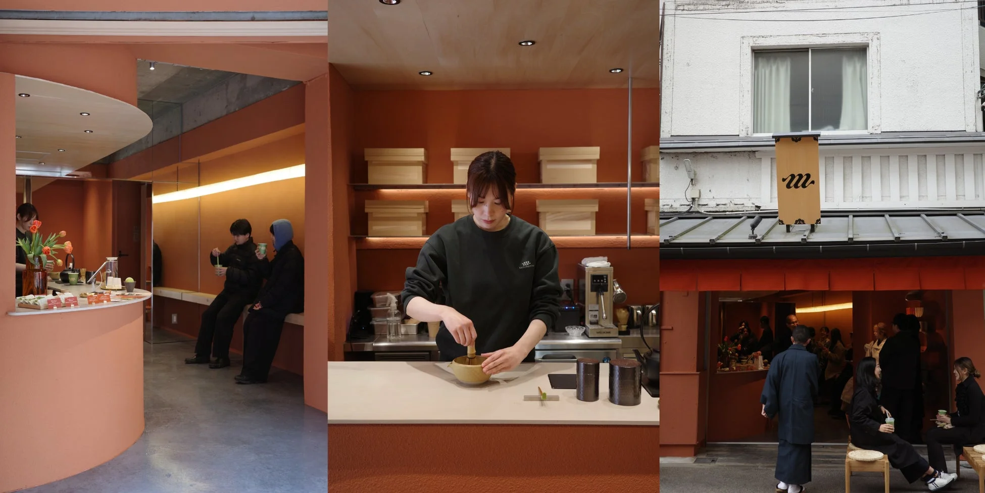 カフェの様子、抹茶を点てる様子