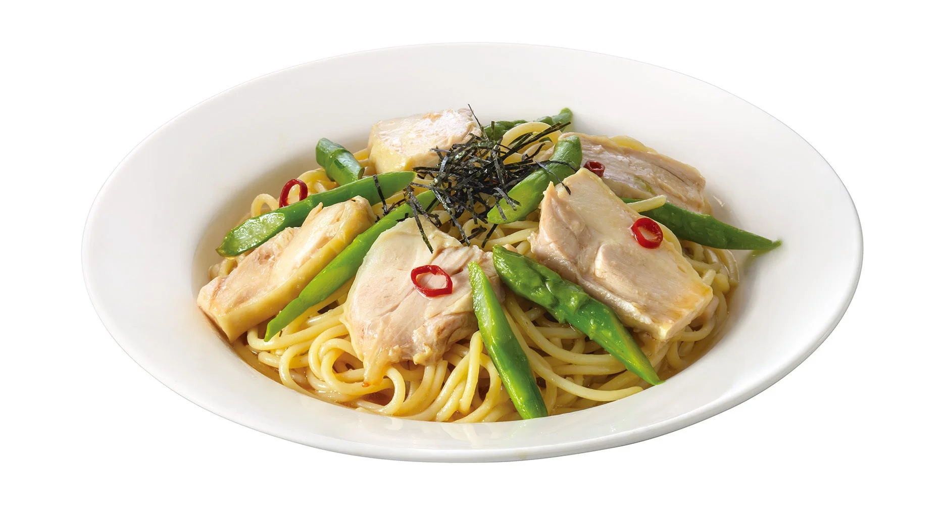 麺類、パスタ、スパゲッティ、鶏肉、さやえんどう、アスパラガス、唐辛子、海苔、和風パスタ、ランチ、ディナー、料理、食べ物