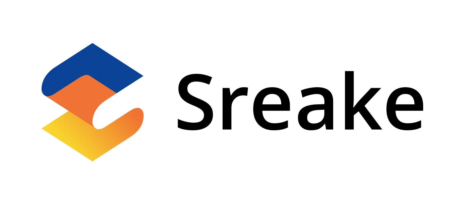 白地に「Sreake」という文字と、青、オレンジ、黄色のグラデーションで構成された抽象的な幾何学模様のロゴが配置されています。