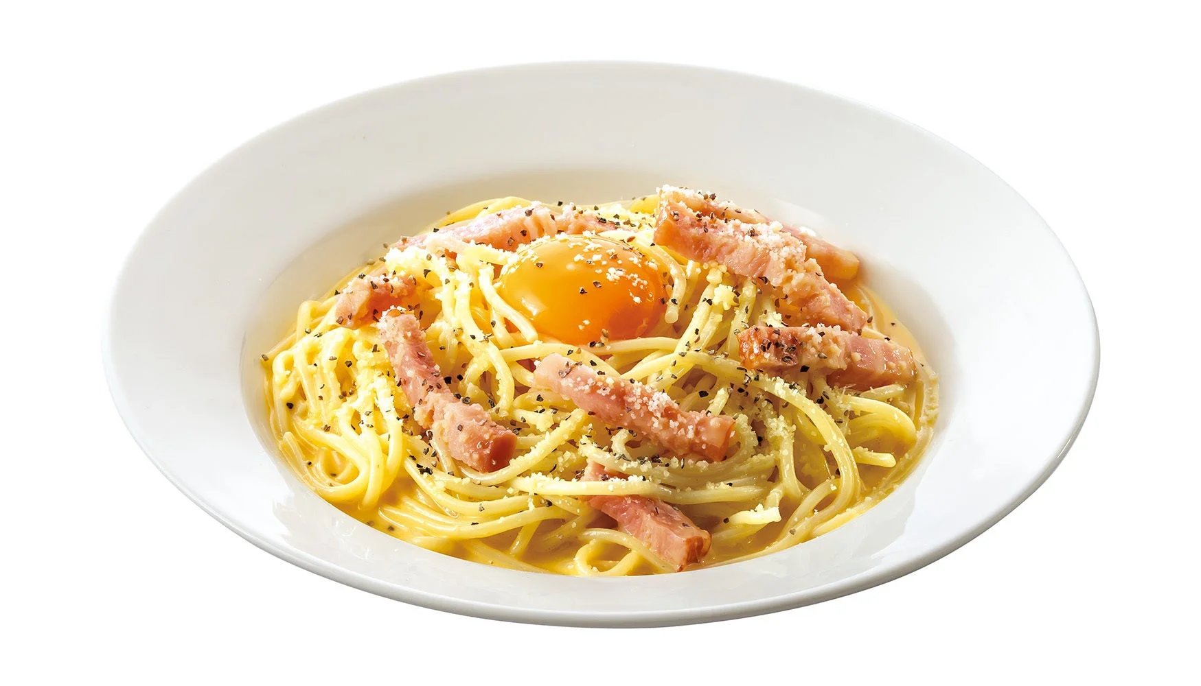 カルボナーラ、パスタ、卵黄、ベーコン、チーズ、黒胡椒、イタリア料理、洋食、料理、食べ物、食事