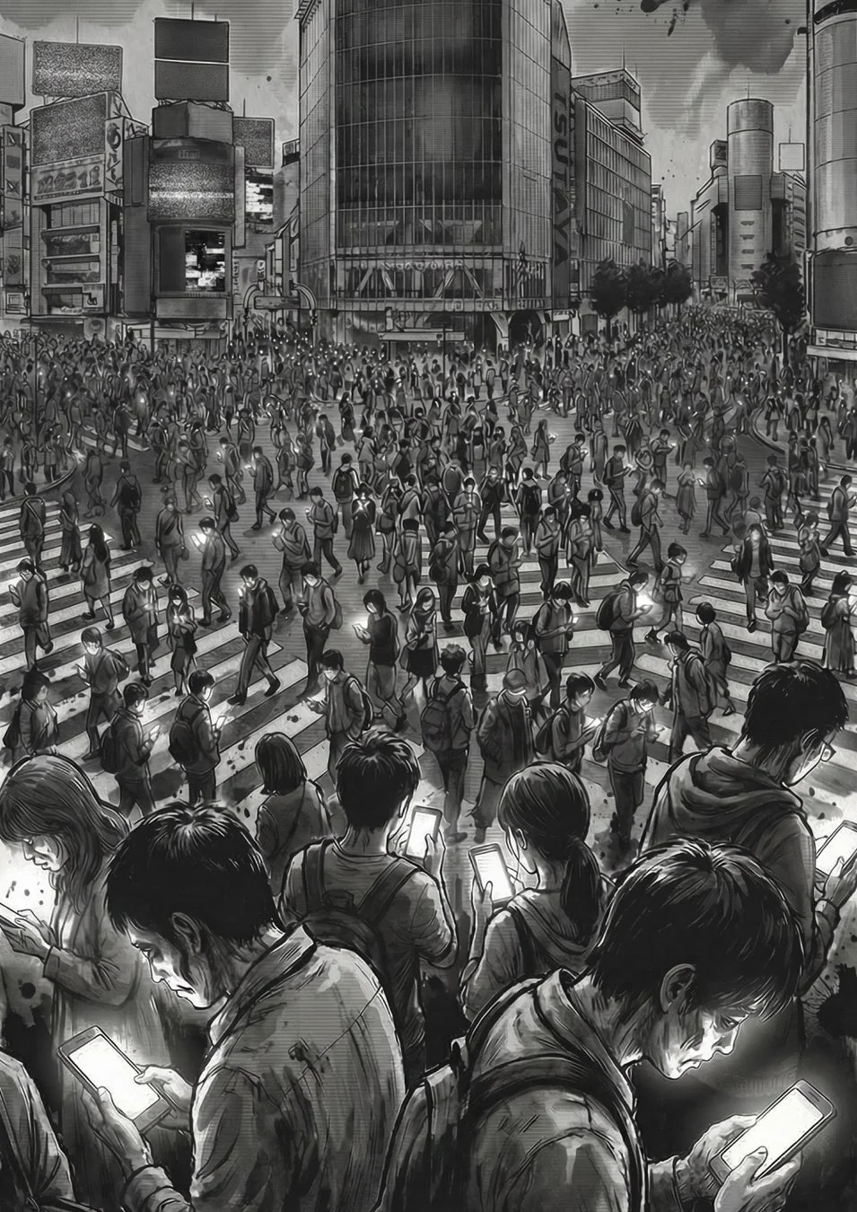 多くの人々で賑わう都市の交差点がモノクロで描かれています。ほとんどの人が下を向き、スマートフォンを見ている様子は、現代社会におけるデジタルデバイスへの依存と人々の孤独感を暗示しています。